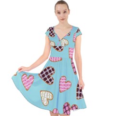 Seamless Pattern With Heart Shaped Cookies With Sugar Icing Cap Sleeve Front Wrap Midi Dress by Vaneshart