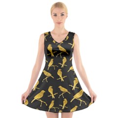 Background With Golden Birds V-neck Sleeveless Dress by Vaneshart