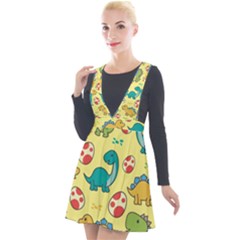 Seamless Pattern With Cute Dinosaurs Character Plunge Pinafore Velour Dress by Vaneshart