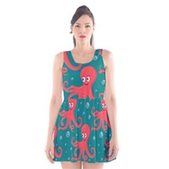 Cute Smiling Red Octopus Swimming Underwater Scoop Neck Skater Dress by BangZart