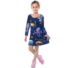 Marine Seamless Pattern Thin Line Memphis Style Kids  Long Sleeve Velvet Dress by BangZart