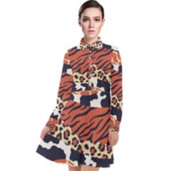 Mixed Animal Skin Print Safari Textures Mix Leopard Zebra Tiger Skins Patterns Luxury Animals Texture Long Sleeve Chiffon Shirt Dress by BangZart