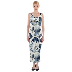 Indigo Watercolor Floral Seamless Pattern Fitted Maxi Dress by BangZart