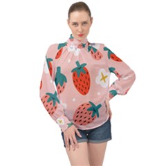 Strawberry Seamless Pattern High Neck Long Sleeve Chiffon Top by BangZart