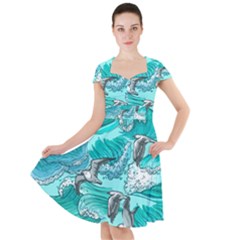 Sea Waves Seamless Pattern Cap Sleeve Midi Dress by BangZart