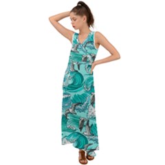 Sea Waves Seamless Pattern V-neck Chiffon Maxi Dress by BangZart