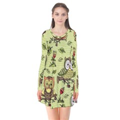 Seamless Pattern With Flowers Owls Long Sleeve V-neck Flare Dress by BangZart