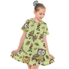 Seamless Pattern With Flowers Owls Kids  Short Sleeve Shirt Dress by BangZart