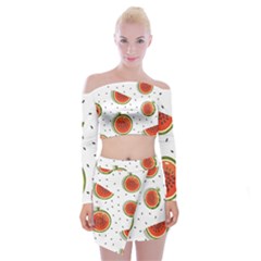 Seamless-background-pattern-with-watermelon-slices Off Shoulder Top With Mini Skirt Set by BangZart