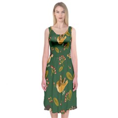 Cute Seamless Pattern Bird With Berries Leaves Midi Sleeveless Dress by BangZart