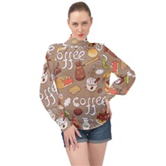 Vector Seamless Pattern With Doodle Coffee Equipment High Neck Long Sleeve Chiffon Top by BangZart