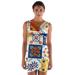 Mexican Talavera Pattern Ceramic Tiles With Flower Leaves Bird Ornaments Traditional Majolica Style Wrap Front Bodycon Dress by BangZart