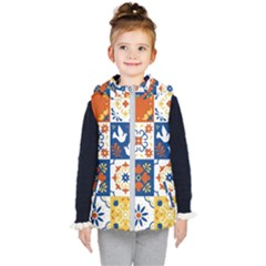 Mexican Talavera Pattern Ceramic Tiles With Flower Leaves Bird Ornaments Traditional Majolica Style Kids  Hooded Puffer Vest by BangZart