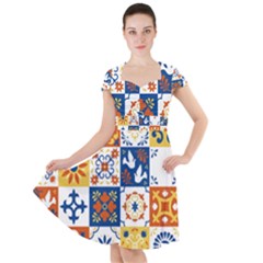 Mexican Talavera Pattern Ceramic Tiles With Flower Leaves Bird Ornaments Traditional Majolica Style Cap Sleeve Midi Dress by BangZart