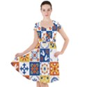 Mexican talavera pattern ceramic tiles with flower leaves bird ornaments traditional majolica style Cap Sleeve Midi Dress View1