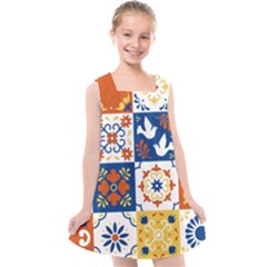 Mexican Talavera Pattern Ceramic Tiles With Flower Leaves Bird Ornaments Traditional Majolica Style Kids  Cross Back Dress by BangZart