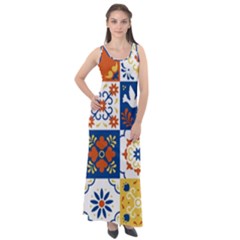 Mexican Talavera Pattern Ceramic Tiles With Flower Leaves Bird Ornaments Traditional Majolica Style Sleeveless Velour Maxi Dress by BangZart