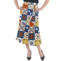 Mexican talavera pattern ceramic tiles with flower leaves bird ornaments traditional majolica style Midi Mermaid Skirt View1