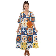 Mexican Talavera Pattern Ceramic Tiles With Flower Leaves Bird Ornaments Traditional Majolica Style Kimono Sleeve Boho Dress by BangZart