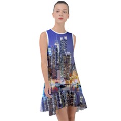 New-york Cityscape  Frill Swing Dress by Dushan