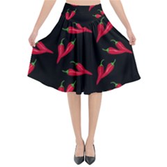 Red, Hot Jalapeno Peppers, Chilli Pepper Pattern At Black, Spicy Flared Midi Skirt by Casemiro