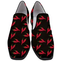 Red, Hot Jalapeno Peppers, Chilli Pepper Pattern At Black, Spicy Women Slip On Heel Loafers by Casemiro