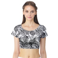 Black And White Leafs Pattern, Tropical Jungle, Nature Themed Short Sleeve Crop Top by Casemiro