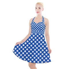 Pastel Blue, White Polka Dots Pattern, Retro, Classic Dotted Theme Halter Party Swing Dress  by Casemiro