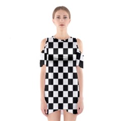 Black And White Chessboard Pattern, Classic, Tiled, Chess Like Theme Shoulder Cutout One Piece Dress by Casemiro