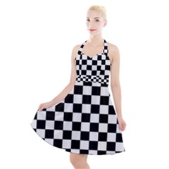 Black And White Chessboard Pattern, Classic, Tiled, Chess Like Theme Halter Party Swing Dress  by Casemiro