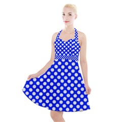 Dark Blue And White Polka Dots Pattern, Retro Pin-up Style Theme, Classic Dotted Theme Halter Party Swing Dress  by Casemiro