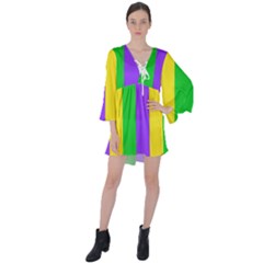 New Orleans Carnival Colors Mardi Gras V-neck Flare Sleeve Mini Dress by yoursparklingshop