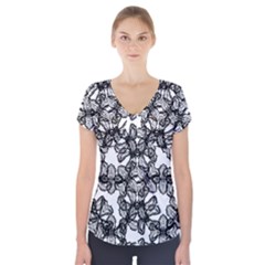 Stylized Botanical Motif Black And White Print Short Sleeve Front Detail Top by dflcprintsclothing