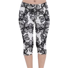 Stylized Botanical Motif Black And White Print Velvet Capri Leggings  by dflcprintsclothing