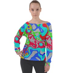 Colorful Distorted Shapes On A Grey Background                                                   Off Shoulder Long Sleeve Velour Top by LalyLauraFLM