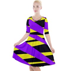 Abstract Triangles, Three Color Dotted Pattern, Purple, Yellow, Black In Saturated Colors Quarter Sleeve A-line Dress by Casemiro