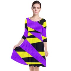 Abstract Triangles, Three Color Dotted Pattern, Purple, Yellow, Black In Saturated Colors Quarter Sleeve Waist Band Dress by Casemiro