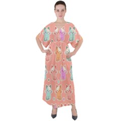 Cute Kawaii Kittens Seamless Pattern V-neck Boho Style Maxi Dress by Amaryn4rt