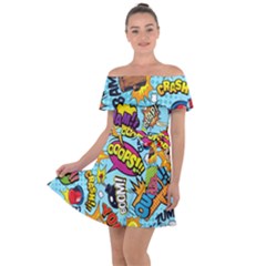 Comic Elements Colorful Seamless Pattern Off Shoulder Velour Dress by Amaryn4rt