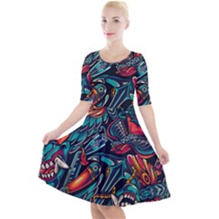 Vintage Tattoos Colorful Seamless Pattern Quarter Sleeve A-line Dress by Amaryn4rt