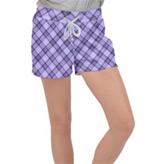 Pastel Purple And Steel Black Lines Pattern, Retro Tartan, Classic Plaid Velour Lounge Shorts by Casemiro