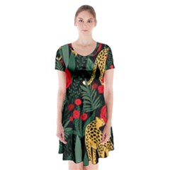 Seamless-pattern-with-leopards-and-roses-vector Short Sleeve V-neck Flare Dress by Sobalvarro