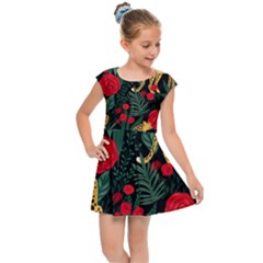 Seamless-pattern-with-leopards-and-roses-vector Kids  Cap Sleeve Dress by Sobalvarro