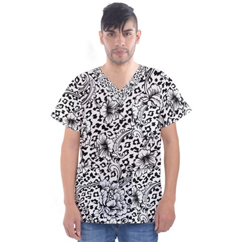 Vector-eclectic-fabric-seamless-pattern-animal-background-with-baroque-ornament Men s V-neck Scrub Top by Sobalvarro