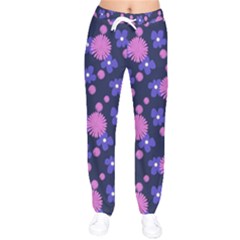 Pink And Blue Flowers Women Velvet Drawstring Pants by bloomingvinedesign