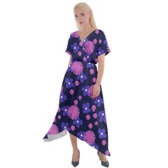 Pink And Blue Flowers Cross Front Sharkbite Hem Maxi Dress by bloomingvinedesign