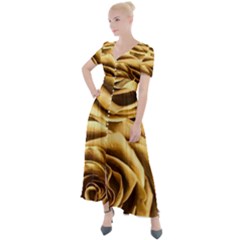 Gold Roses Button Up Short Sleeve Maxi Dress by Sparkle