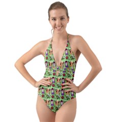 Purple Glasses Girl Pattern Green Halter Cut-out One Piece Swimsuit by snowwhitegirl