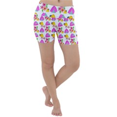 Girl With Hood Cape Heart Lemon Pattern White Lightweight Velour Yoga Shorts by snowwhitegirl