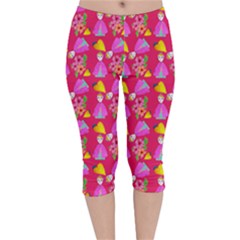 Girl With Hood Cape Heart Lemon Pattern Pink Velvet Capri Leggings  by snowwhitegirl